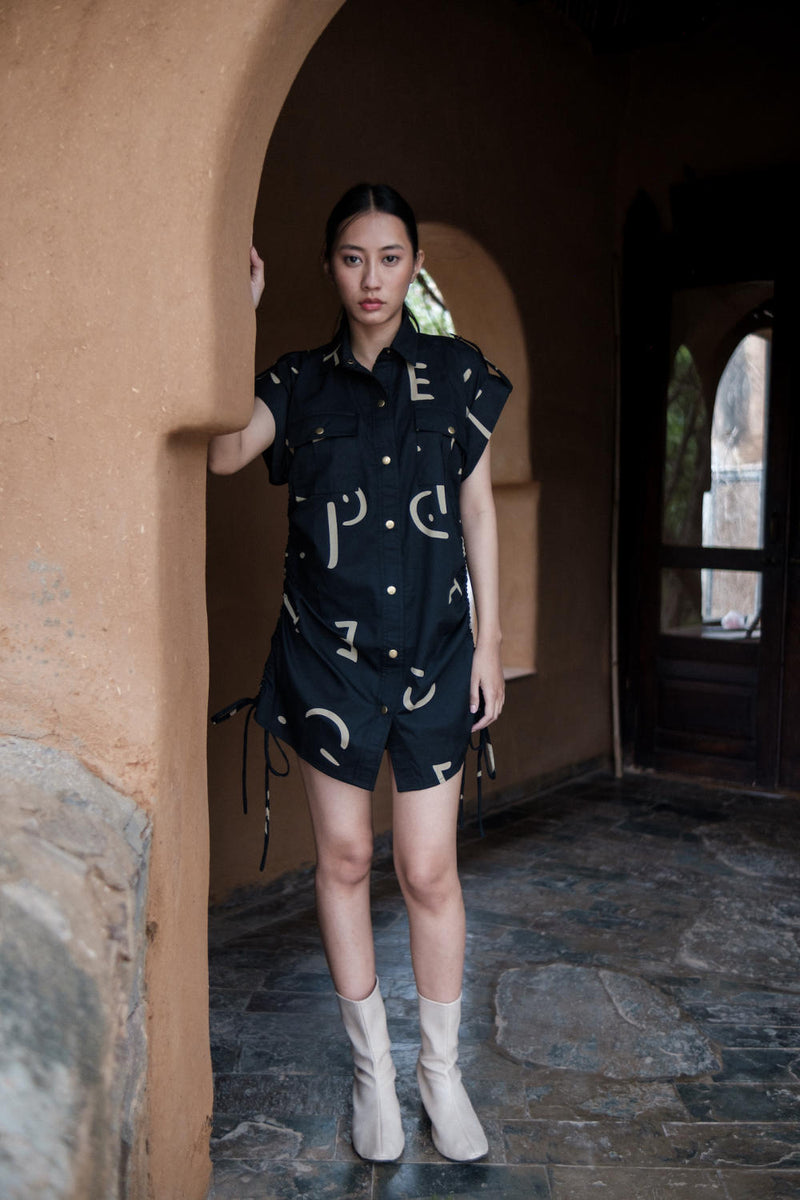 Sunrise gather shirt-Black line Printed cotton by The Terra Tribe in black color for women in Singapore