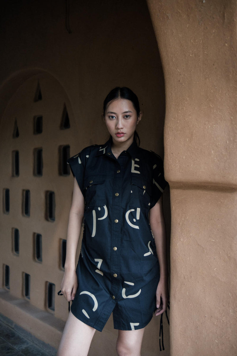 Sunrise gather shirt-Black line Printed cotton by The Terra Tribe in black color for women in Singapore