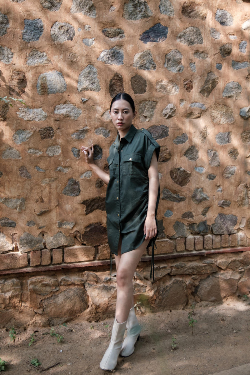 Sunrise gather shirt-Deep Green cotton by The Terra Tribe in green color for women in Singapore