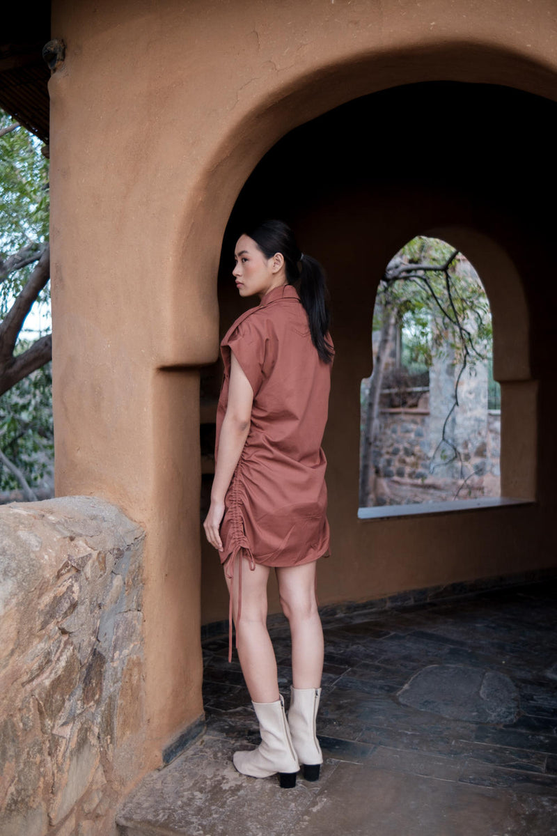 Sunrise gather shirt-Copper cotton by The Terra Tribe for women in Singapore