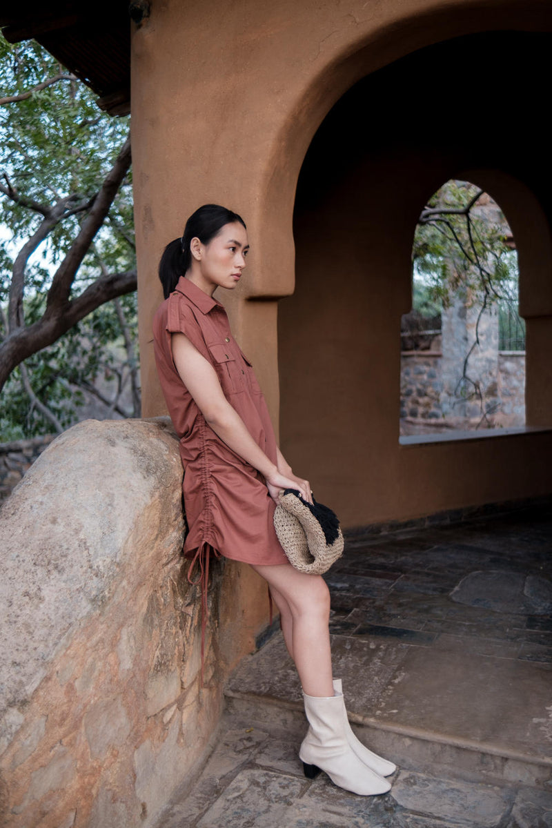 Sunrise gather shirt-Copper cotton by The Terra Tribe for women in Singapore