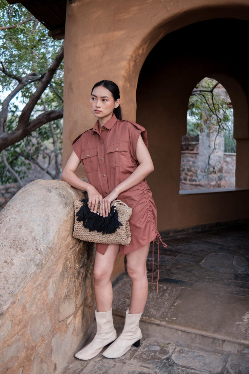 Sunrise gather shirt-Copper cotton by The Terra Tribe for women in Singapore