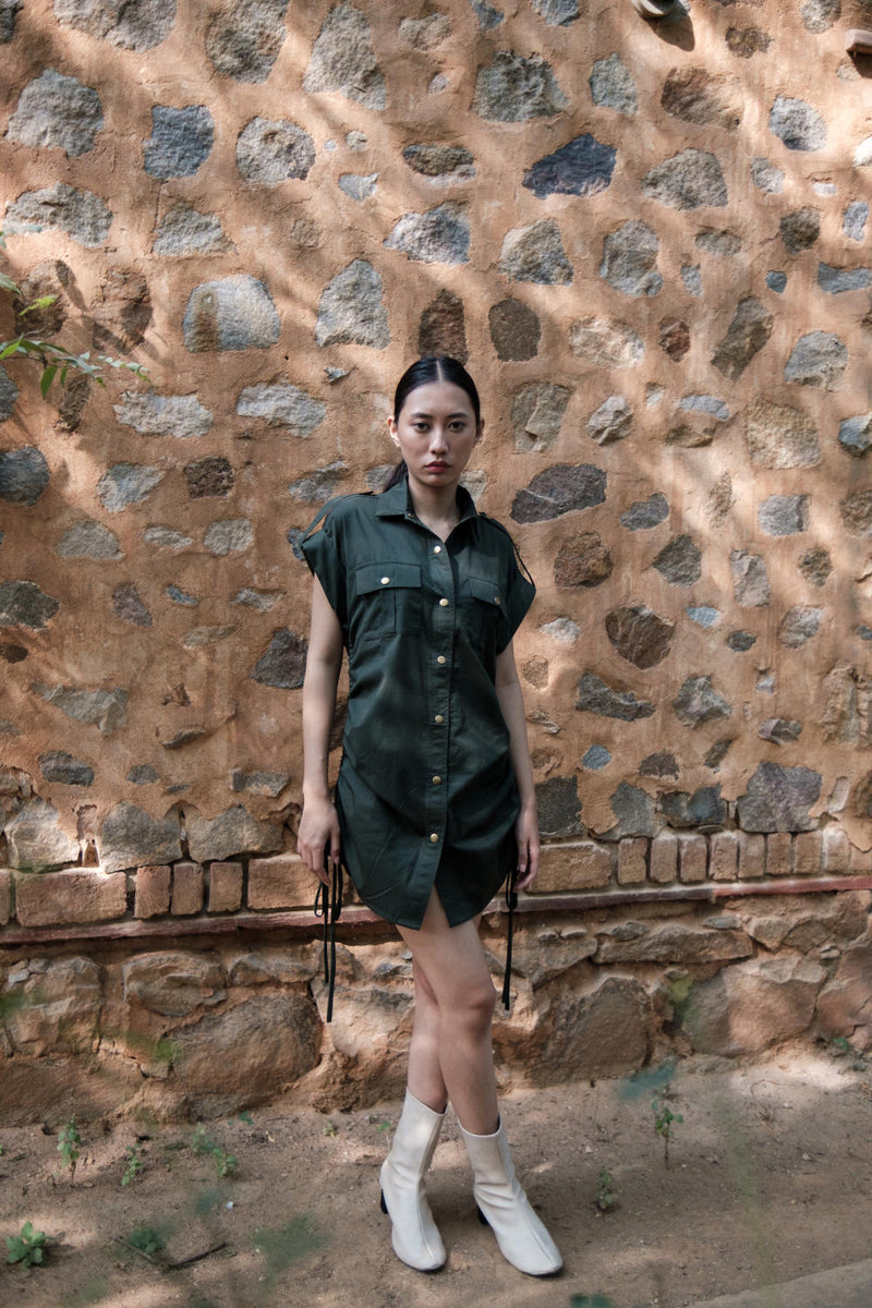 Sunrise gather shirt-Deep Green cotton by The Terra Tribe in green color for women in Singapore