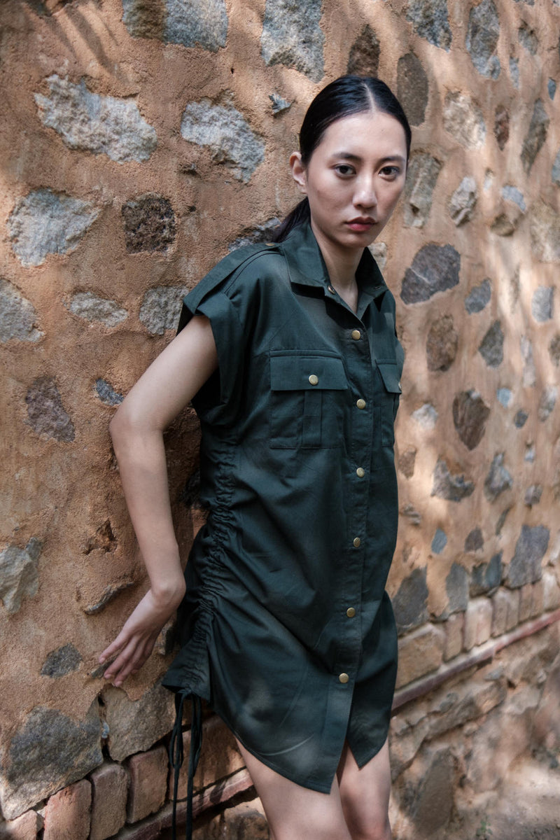Sunrise gather shirt-Deep Green cotton by The Terra Tribe in green color for women in Singapore