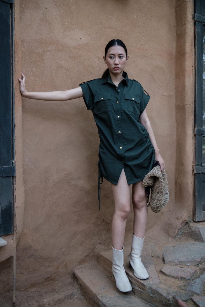 Sunrise gather shirt-Deep Green cotton by The Terra Tribe in green color for women in Singapore