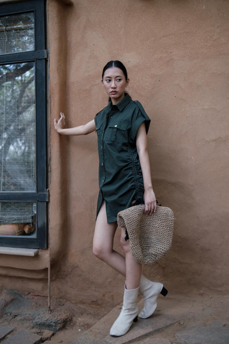 Sunrise gather shirt-Deep Green cotton by The Terra Tribe in green color for women in Singapore