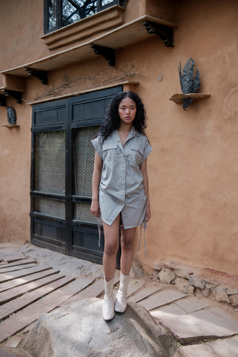 Sunrise gather shirt-Grey cotton by The Terra Tribe in grey color for women in Singapore