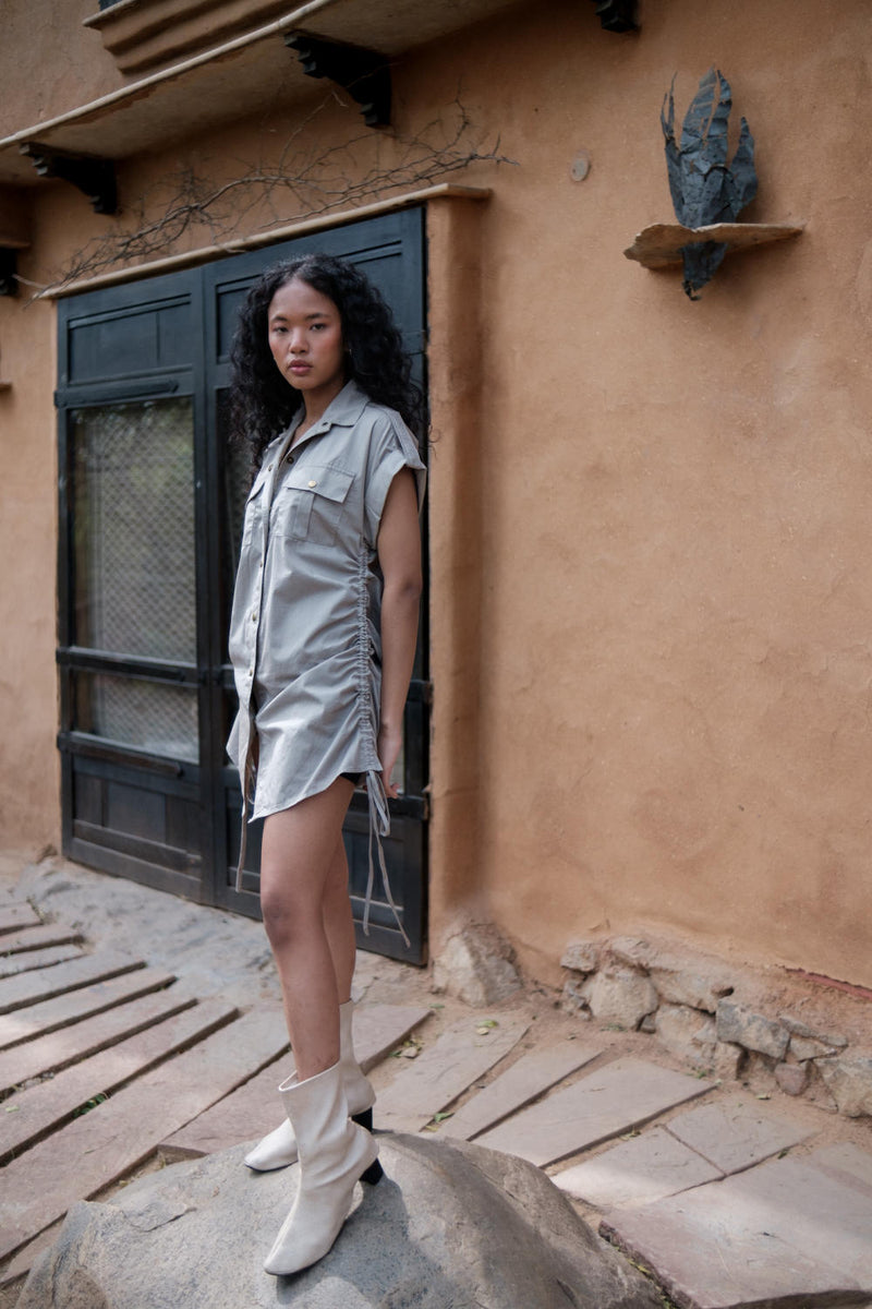 Sunrise gather shirt-Grey cotton by The Terra Tribe in grey color for women in Singapore