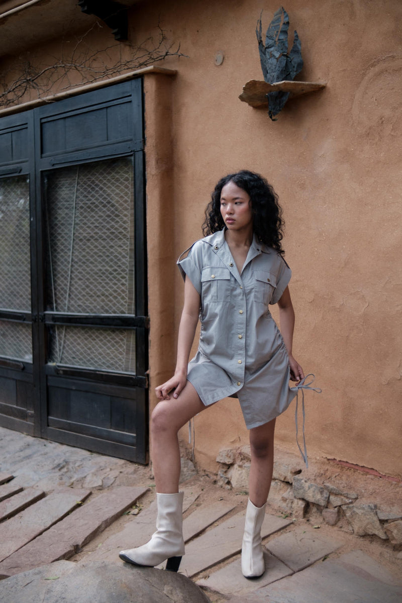 Sunrise gather shirt-Grey cotton by The Terra Tribe in grey color for women in Singapore