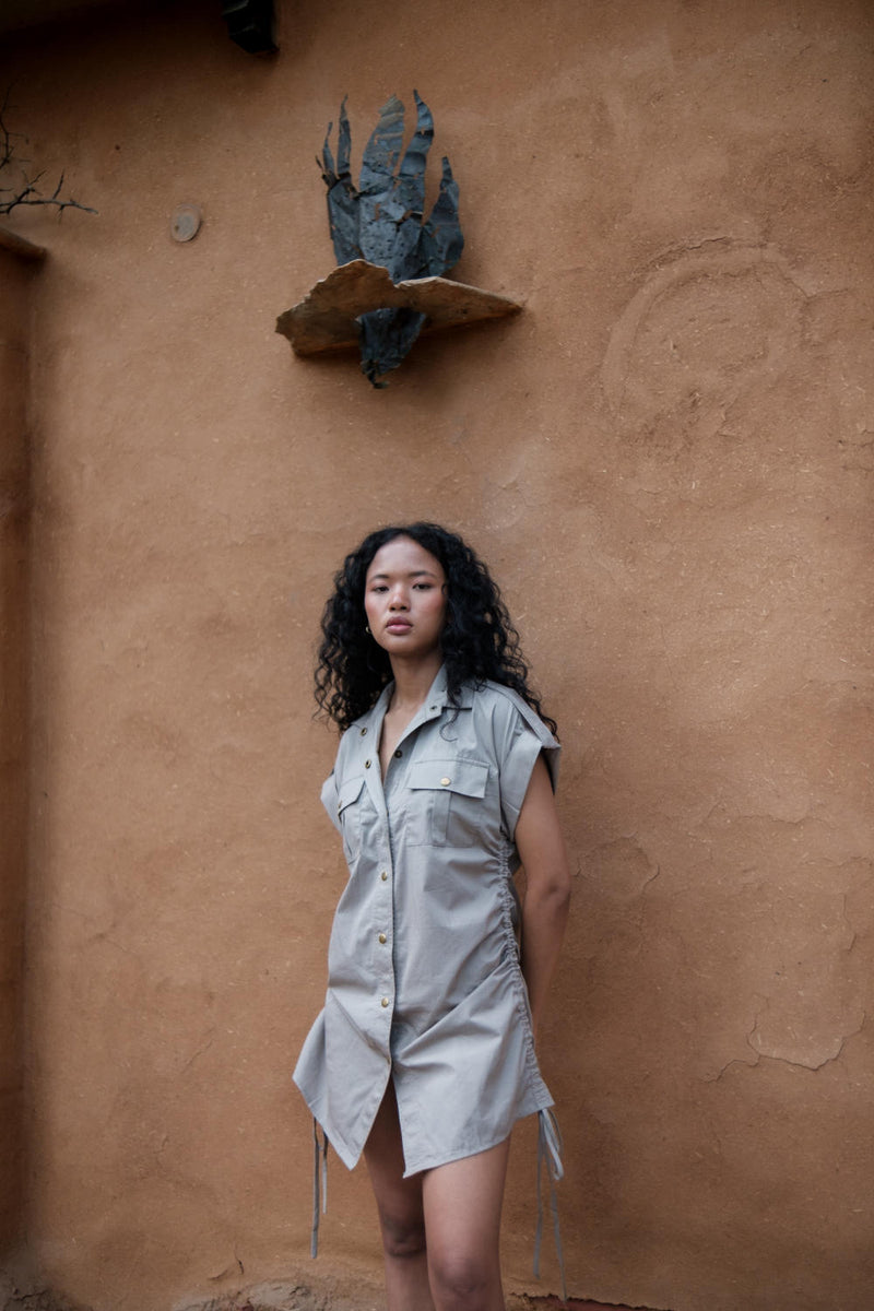 Sunrise gather shirt-Grey cotton by The Terra Tribe in grey color for women in Singapore