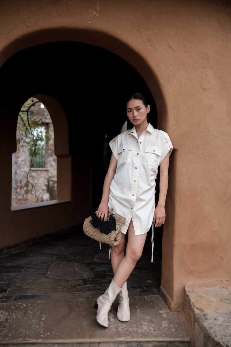 Sunrise gather shirt-Ecru cotton by The Terra Tribe in ecru color for women in Singapore