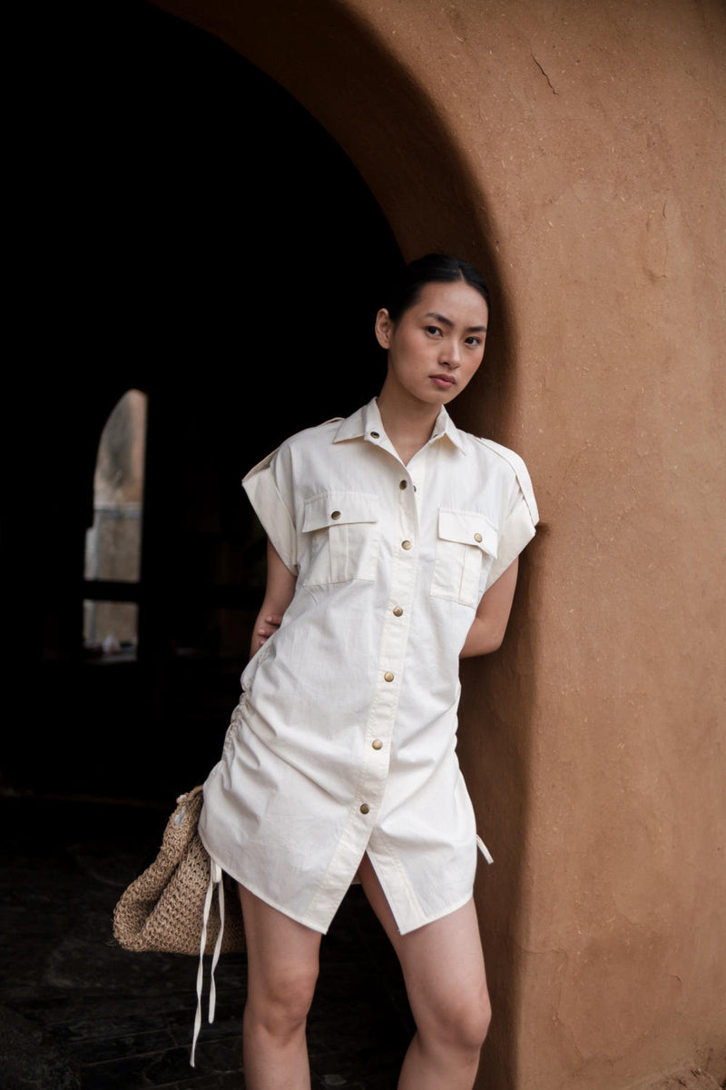 Sunrise gather shirt-Ecru cotton by The Terra Tribe in ecru color for women in Singapore