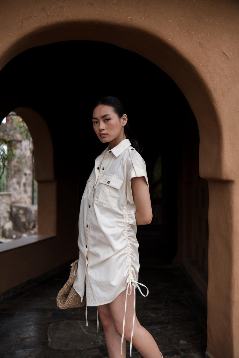 Sunrise gather shirt-Ecru cotton by The Terra Tribe in ecru color for women in Singapore