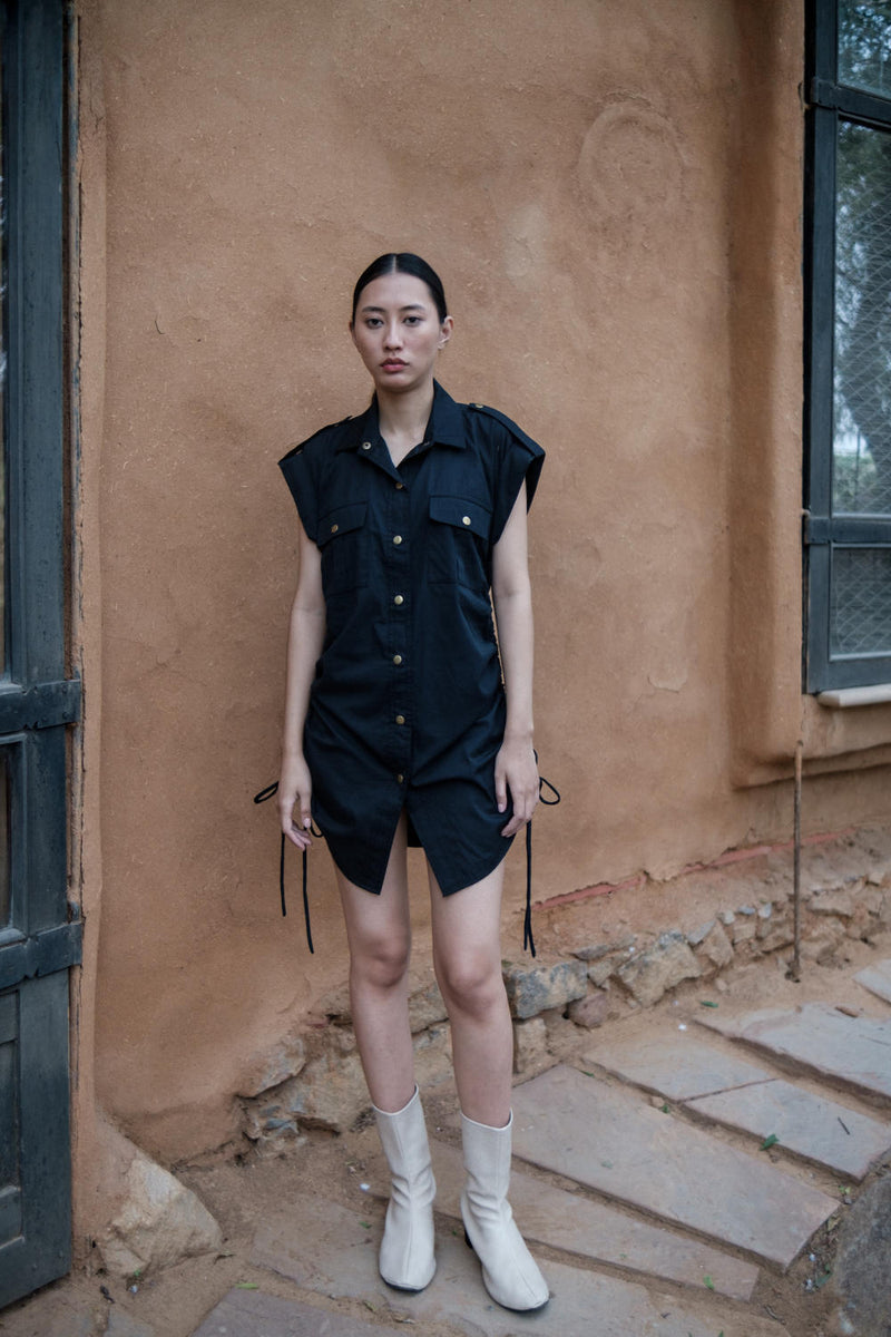 Sunrise gather shirt-Black cotton by The Terra Tribe in black color for women in Singapore