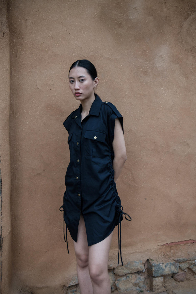 Sunrise gather shirt-Black cotton by The Terra Tribe in black color for women in Singapore