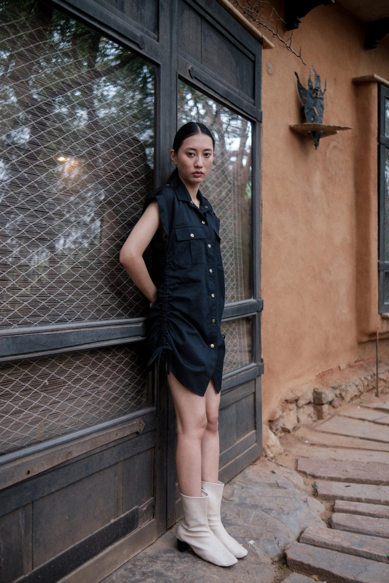 Sunrise gather shirt-Black cotton by The Terra Tribe in black color for women in Singapore