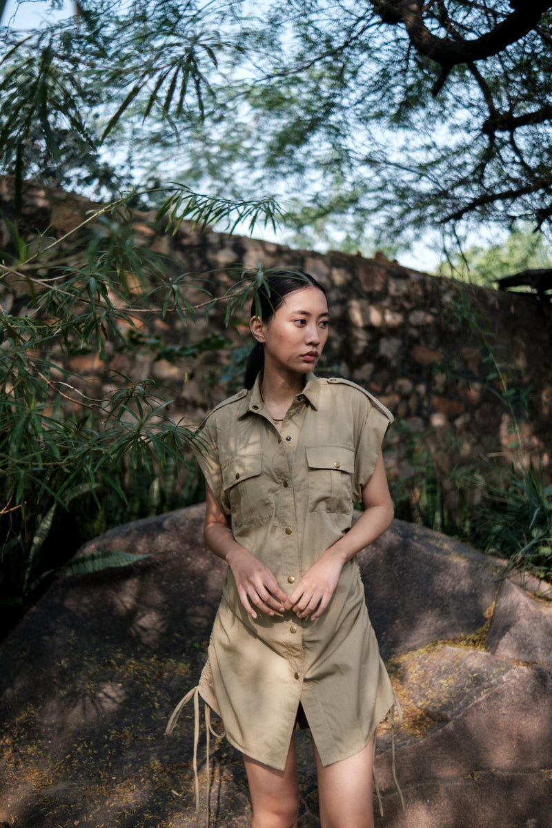 Sunrise gather shirt-Khaki cotton by The Terra Tribe for women in Singapore
