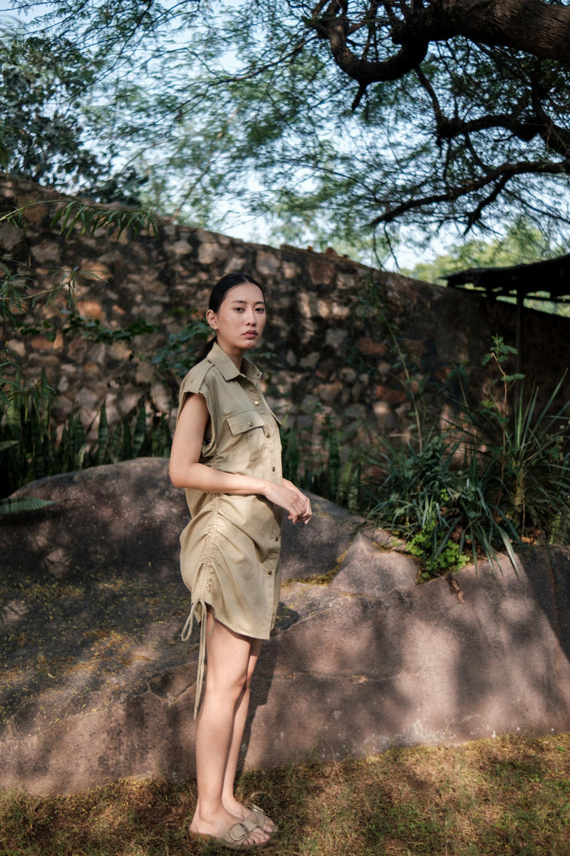 Sunrise gather shirt-Khaki cotton by The Terra Tribe for women in Singapore