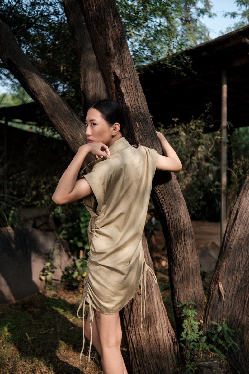 Sunrise gather shirt-Khaki cotton by The Terra Tribe for women in Singapore