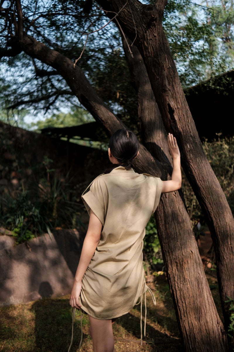 Sunrise gather shirt-Khaki cotton by The Terra Tribe for women in Singapore