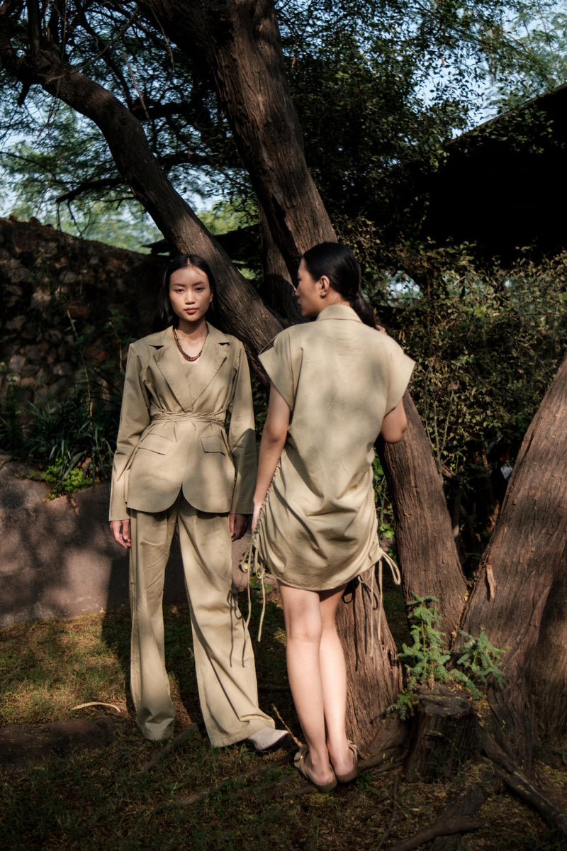 Sunrise gather shirt-Khaki cotton by The Terra Tribe for women in Singapore