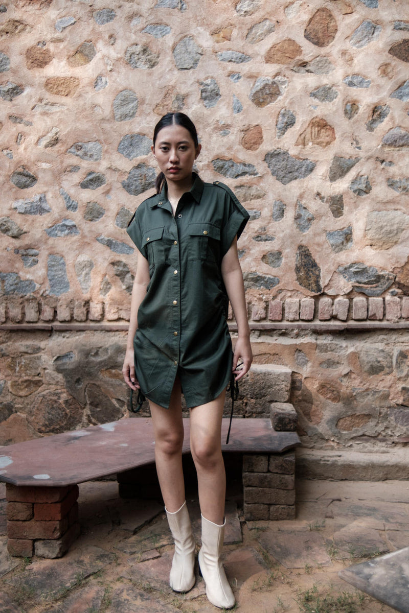 Sunrise gather shirt-Deep Green cotton by The Terra Tribe in green color for women in Singapore