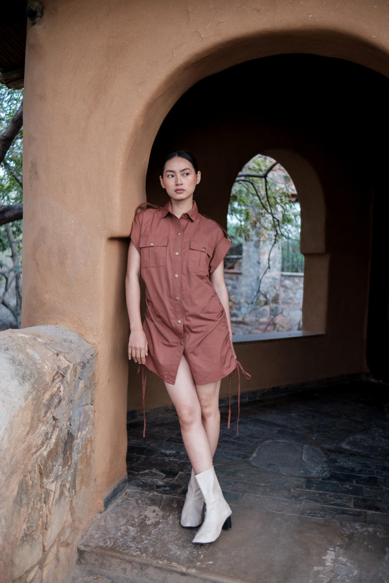 Sunrise gather shirt-Copper cotton by The Terra Tribe for women in Singapore