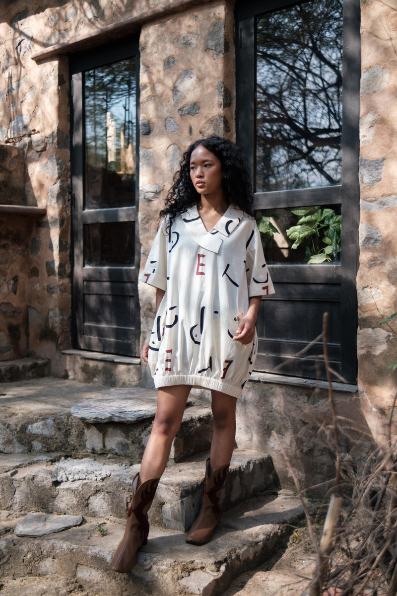 Sydney Shift Dress-Ecru Line Printed cotton by The Terra Tribe in ecru color for women in Singapore