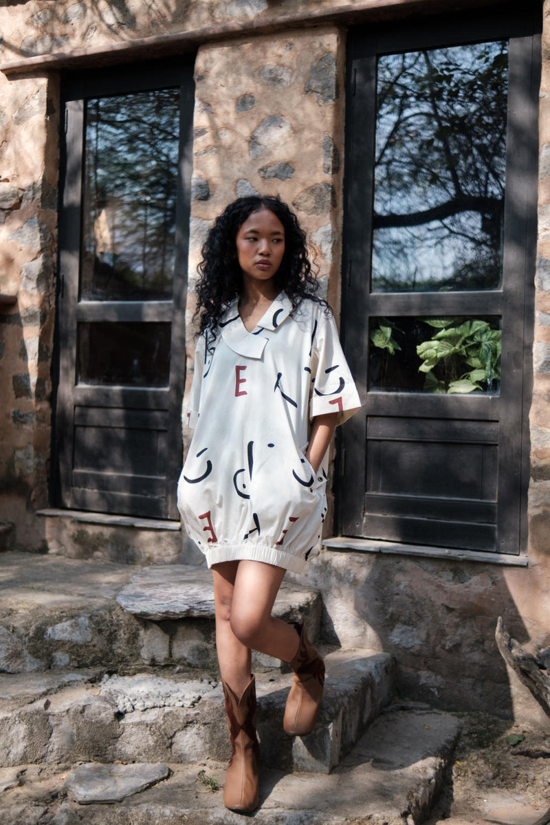 Sydney Shift Dress-Ecru Line Printed cotton by The Terra Tribe in ecru color for women in Singapore