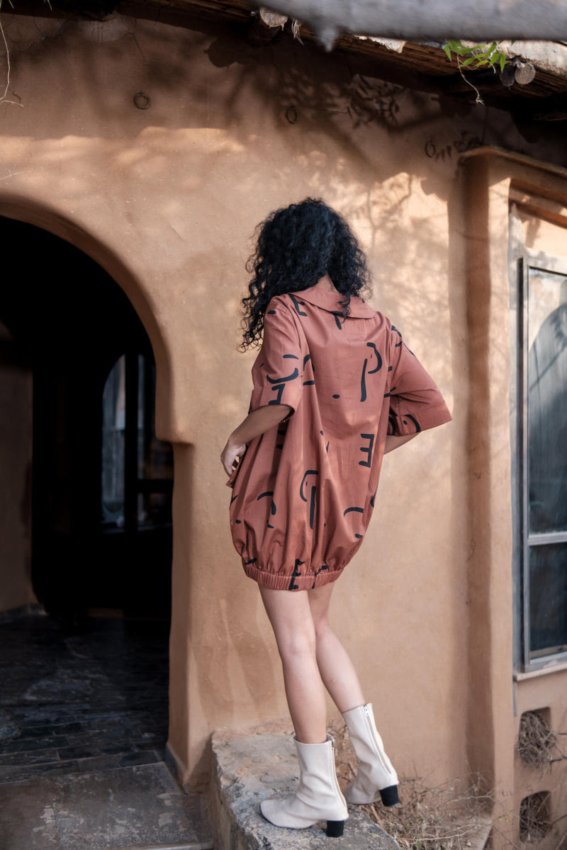 Sydney Shift Dress-Copper Line Printed cotton by The Terra Tribe for women in Singapore