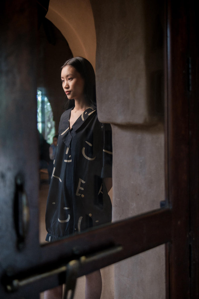 Sydney Shift Dress-Black Line Printed cotton by The Terra Tribe in black color for women in Singapore