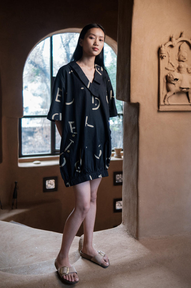 Sydney Shift Dress-Black Line Printed cotton by The Terra Tribe in black color for women in Singapore