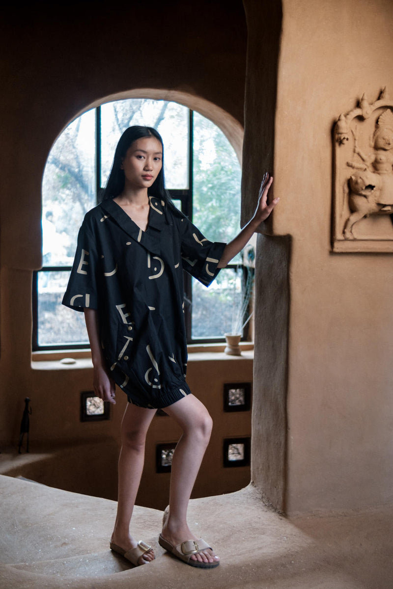 Sydney Shift Dress-Black Line Printed cotton by The Terra Tribe in black color for women in Singapore