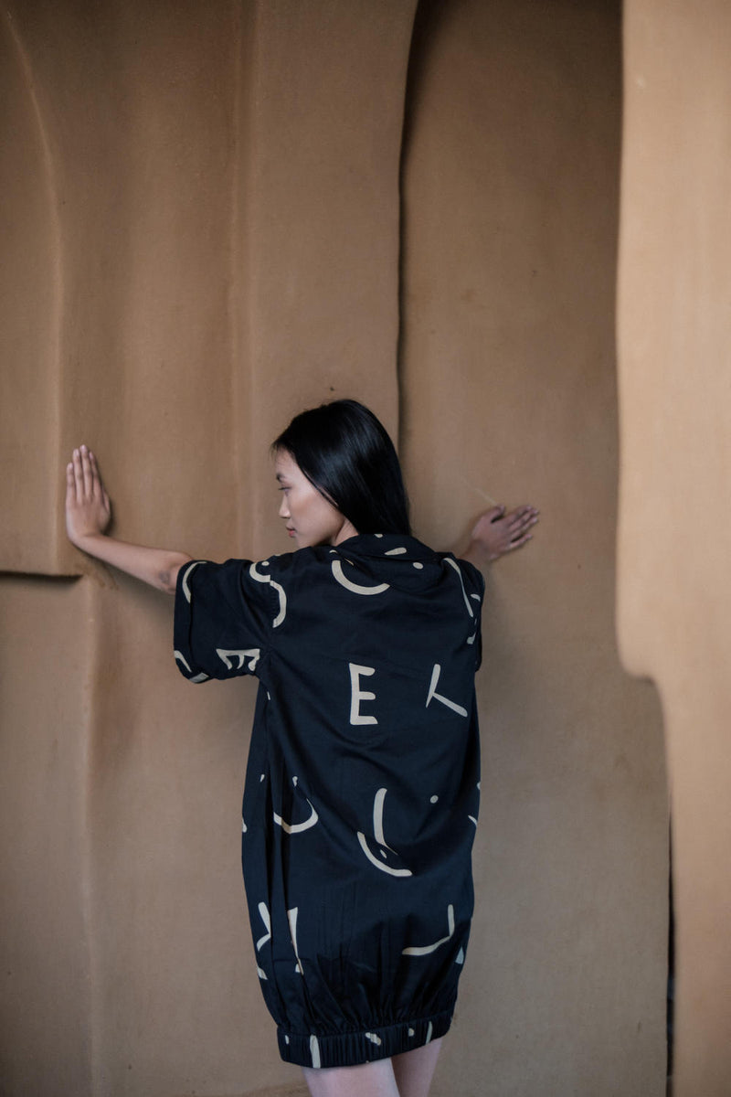 Sydney Shift Dress-Black Line Printed cotton by The Terra Tribe in black color for women in Singapore