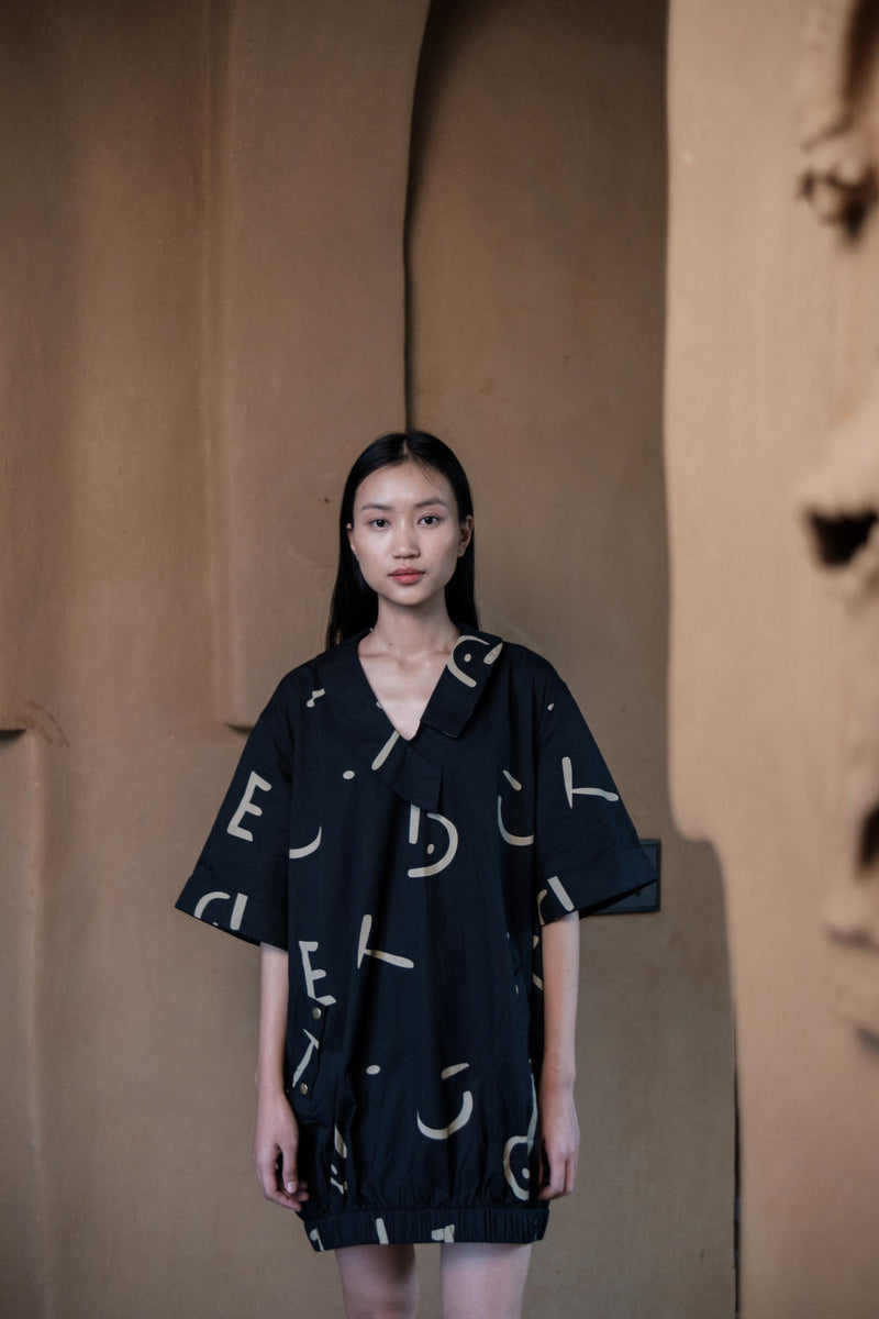 Sydney Shift Dress-Black Line Printed cotton by The Terra Tribe in black color for women in Singapore