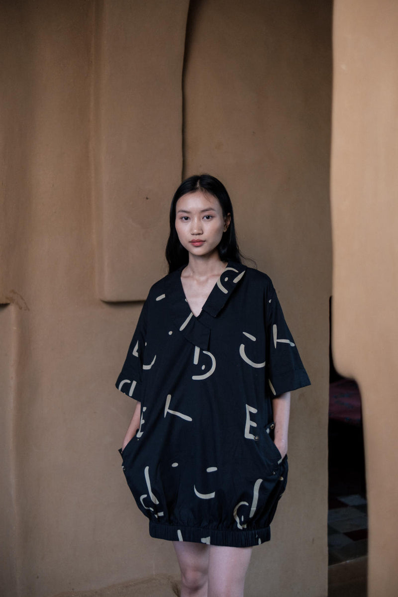 Sydney Shift Dress-Black Line Printed cotton by The Terra Tribe in black color for women in Singapore