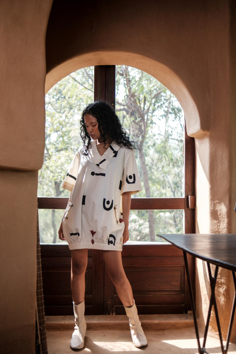 Sydney Shift Dress-Ecru Triangle Printed cotton by The Terra Tribe in ecru color for women in Singapore