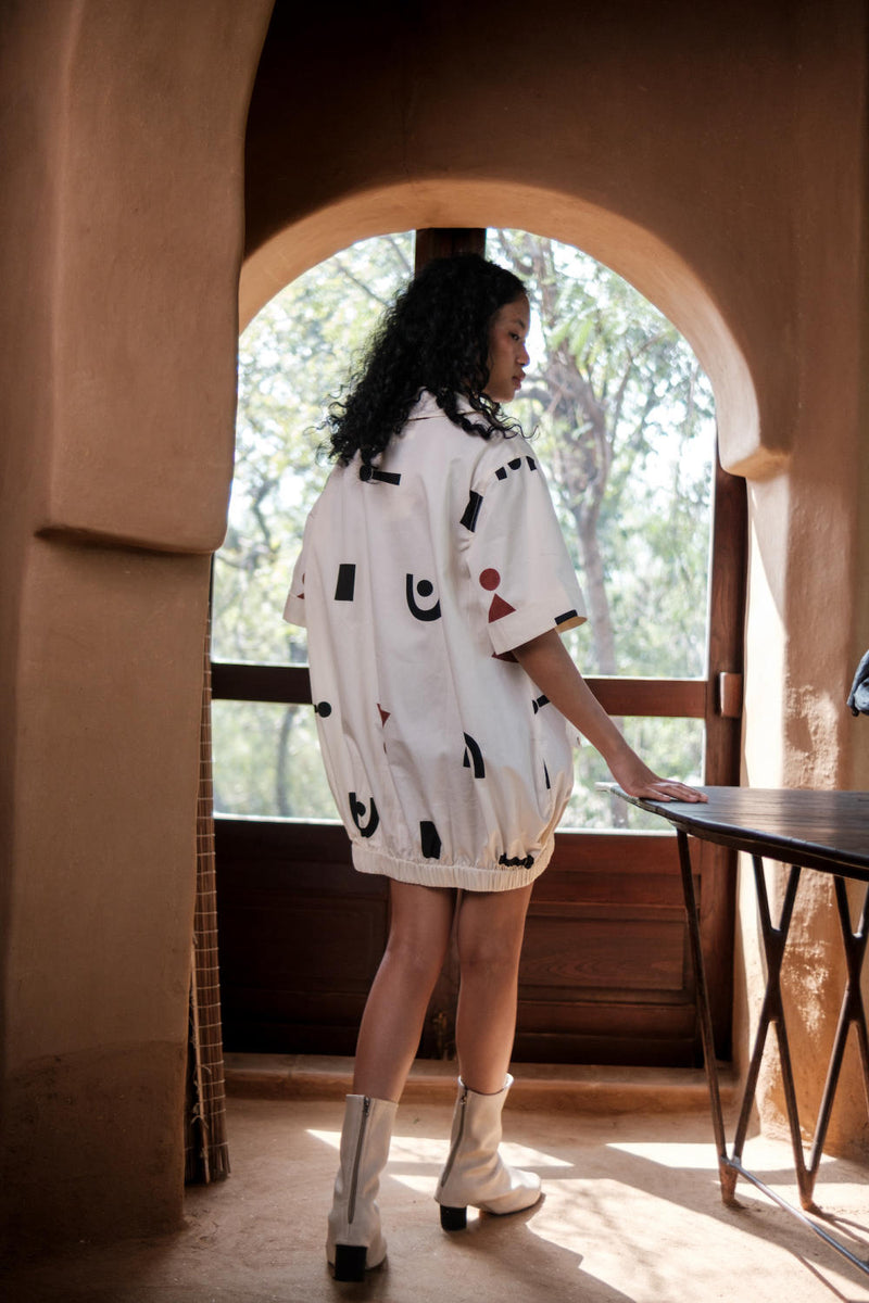 Sydney Shift Dress-Ecru Triangle Printed cotton by The Terra Tribe in ecru color for women in Singapore