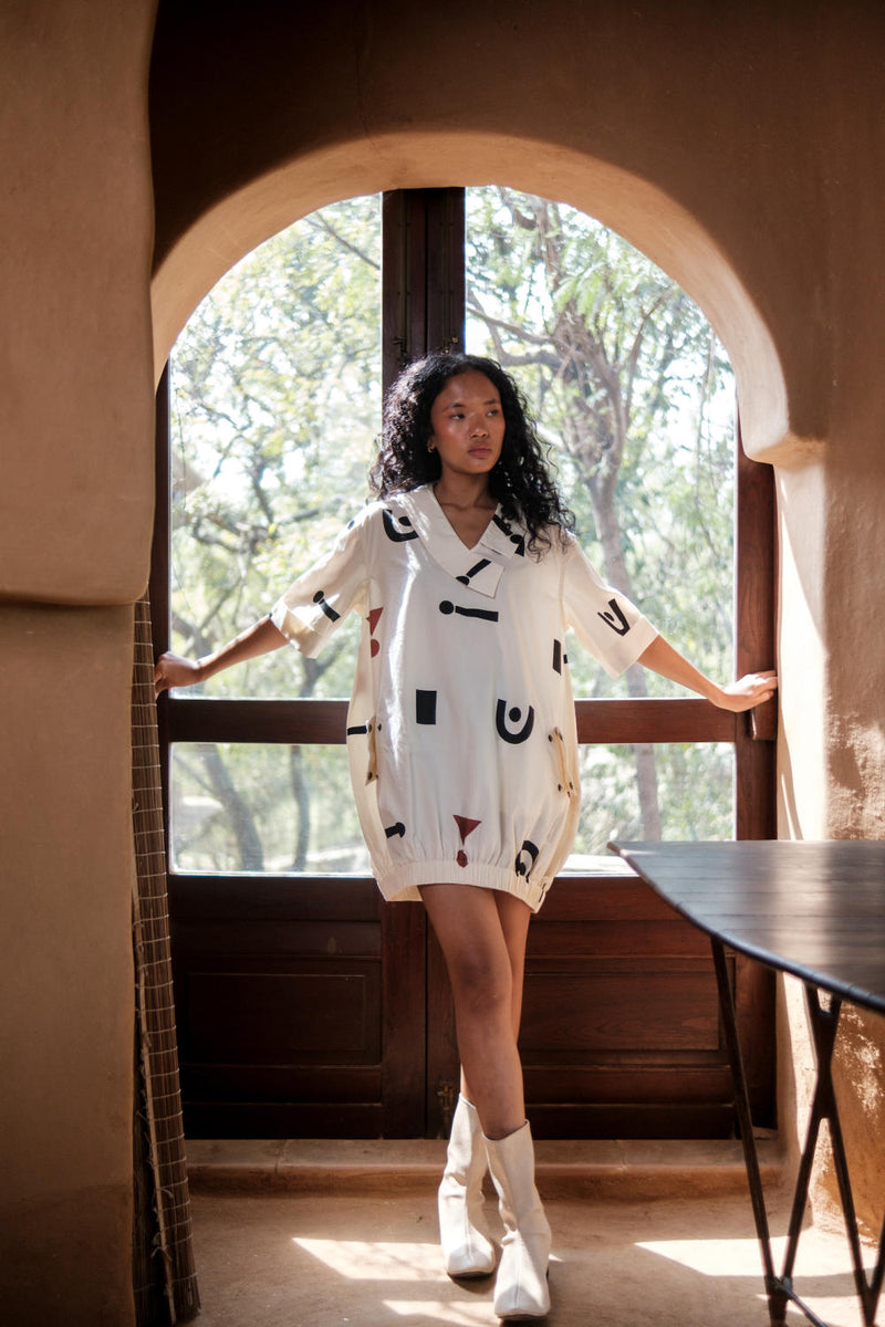 Sydney Shift Dress-Ecru Triangle Printed cotton by The Terra Tribe in ecru color for women in Singapore
