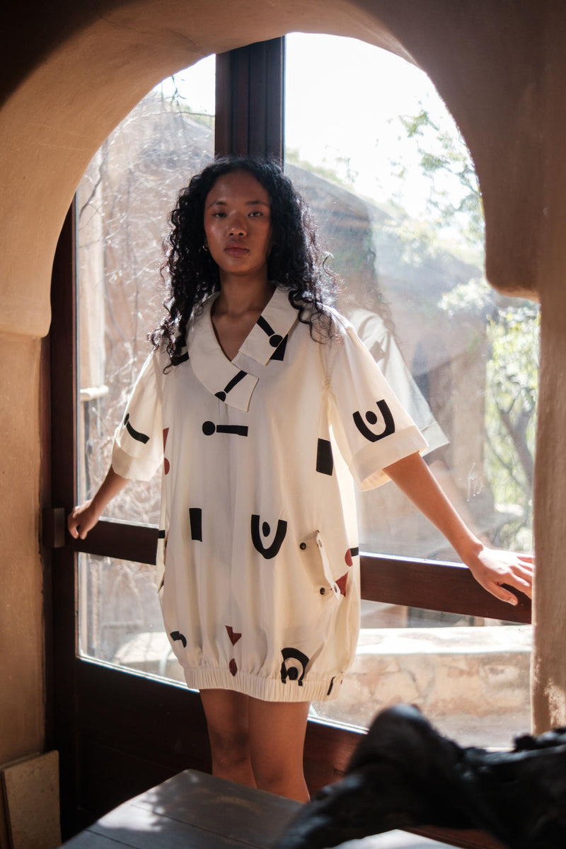 Sydney Shift Dress-Ecru Triangle Printed cotton by The Terra Tribe in ecru color for women in Singapore