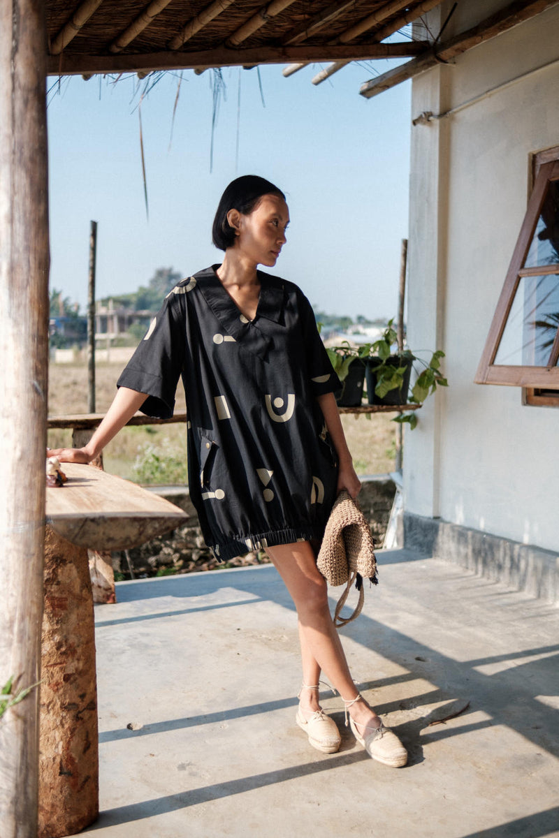 Sydney Shift Dress-Black Triangle Printed cotton by The Terra Tribe in black color for women in Singapore