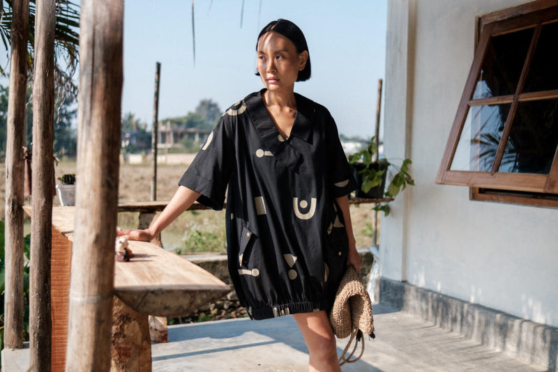 Sydney Shift Dress-Black Triangle Printed cotton by The Terra Tribe in black color for women in Singapore