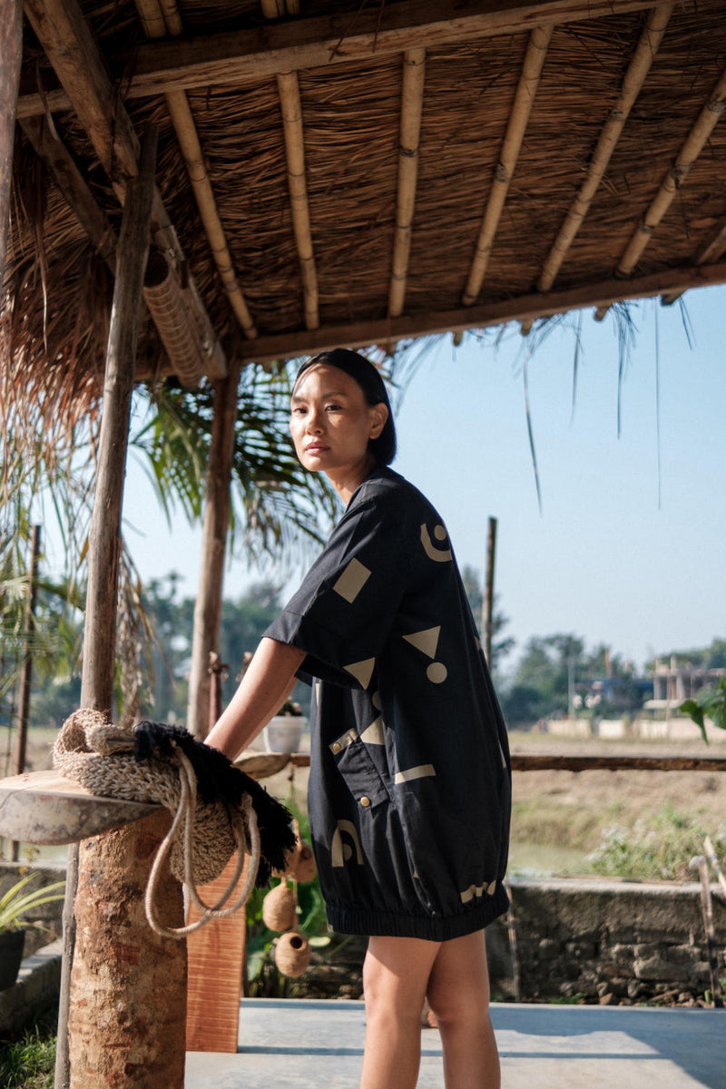 Sydney Shift Dress-Black Triangle Printed cotton by The Terra Tribe in black color for women in Singapore