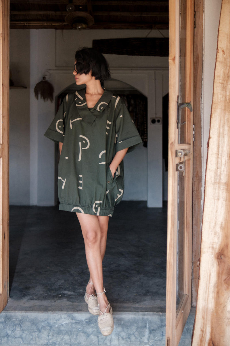 Sydney Shift Dress-Deep Green Line Printed cotton by The Terra Tribe in green color for women in Singapore