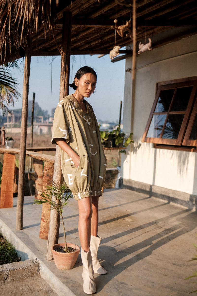 Sydney Shift Dress-Khaki Line Printed cotton by The Terra Tribe for women in Singapore