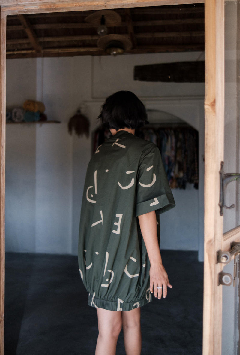 Sydney Shift Dress-Deep Green Line Printed cotton by The Terra Tribe in green color for women in Singapore