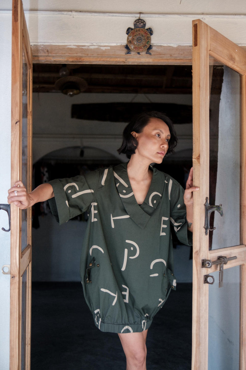 Sydney Shift Dress-Deep Green Line Printed cotton by The Terra Tribe in green color for women in Singapore