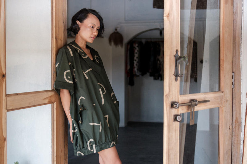 Sydney Shift Dress-Deep Green Line Printed cotton by The Terra Tribe in green color for women in Singapore