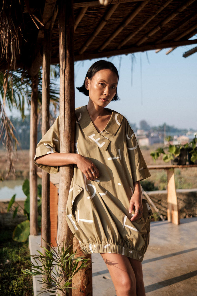 Sydney Shift Dress-Khaki Line Printed cotton by The Terra Tribe for women in Singapore