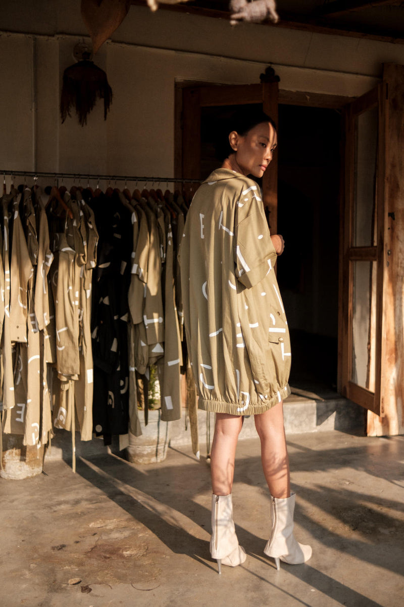 Sydney Shift Dress-Khaki Line Printed cotton by The Terra Tribe for women in Singapore